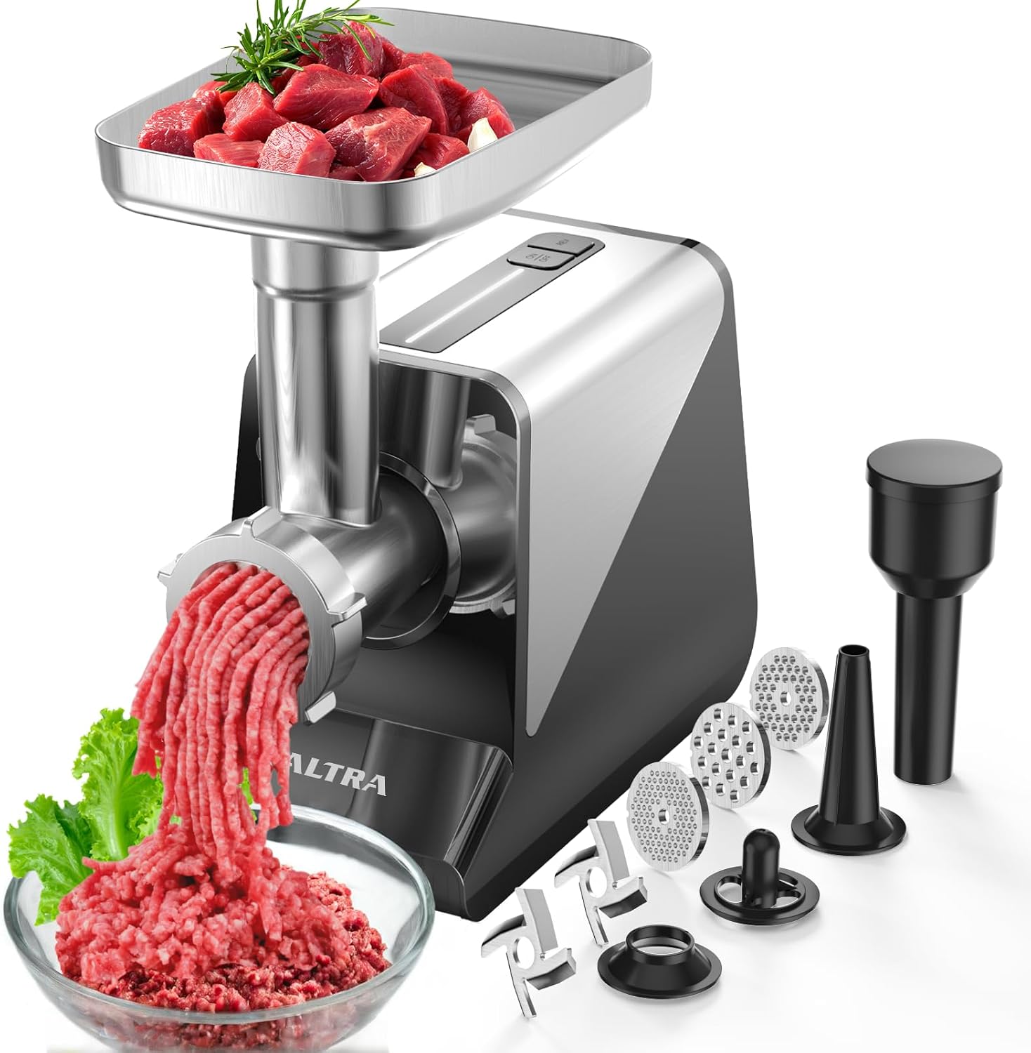 Altra Life MG104 electric meat grinder in silver and black with cubed beef in the stainless tray, ground beef falling into a glass bowl, and its three plates, two blades, sausage tube and kubbe parts in front